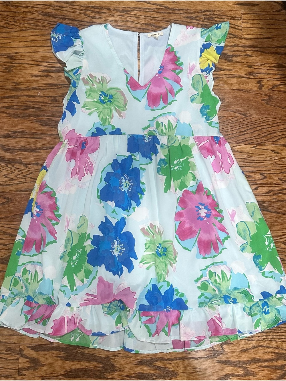 JODIFL Pastel Floral Ruffle Sleeve Dress - Blue, Pink & Green - Picture 2 of 5